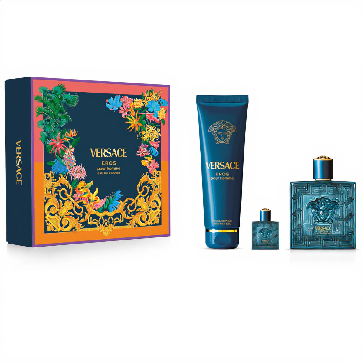 Set Perfume Versace Eros EDP pour Homme 100 ml + Mini 5 ml + Gel de ducha 150 ml
