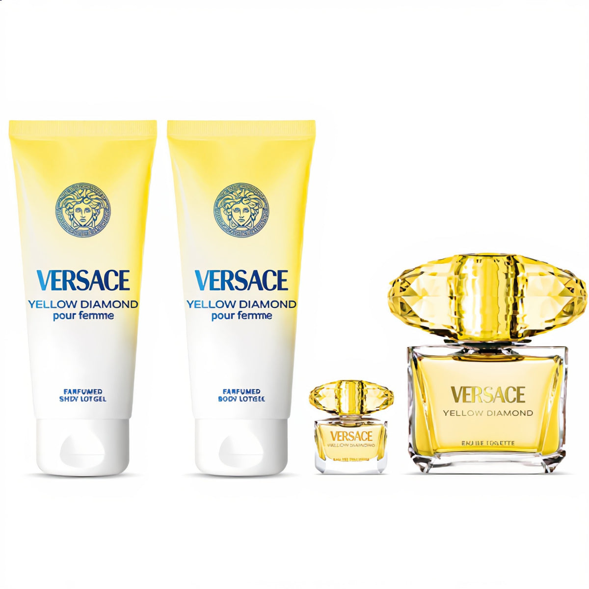 Set Versace Yellow Diamond EDT pour Femme 90 ml + Mini 5 ml + Body Lotion 100 ml + Gel de Ducha 100 ml