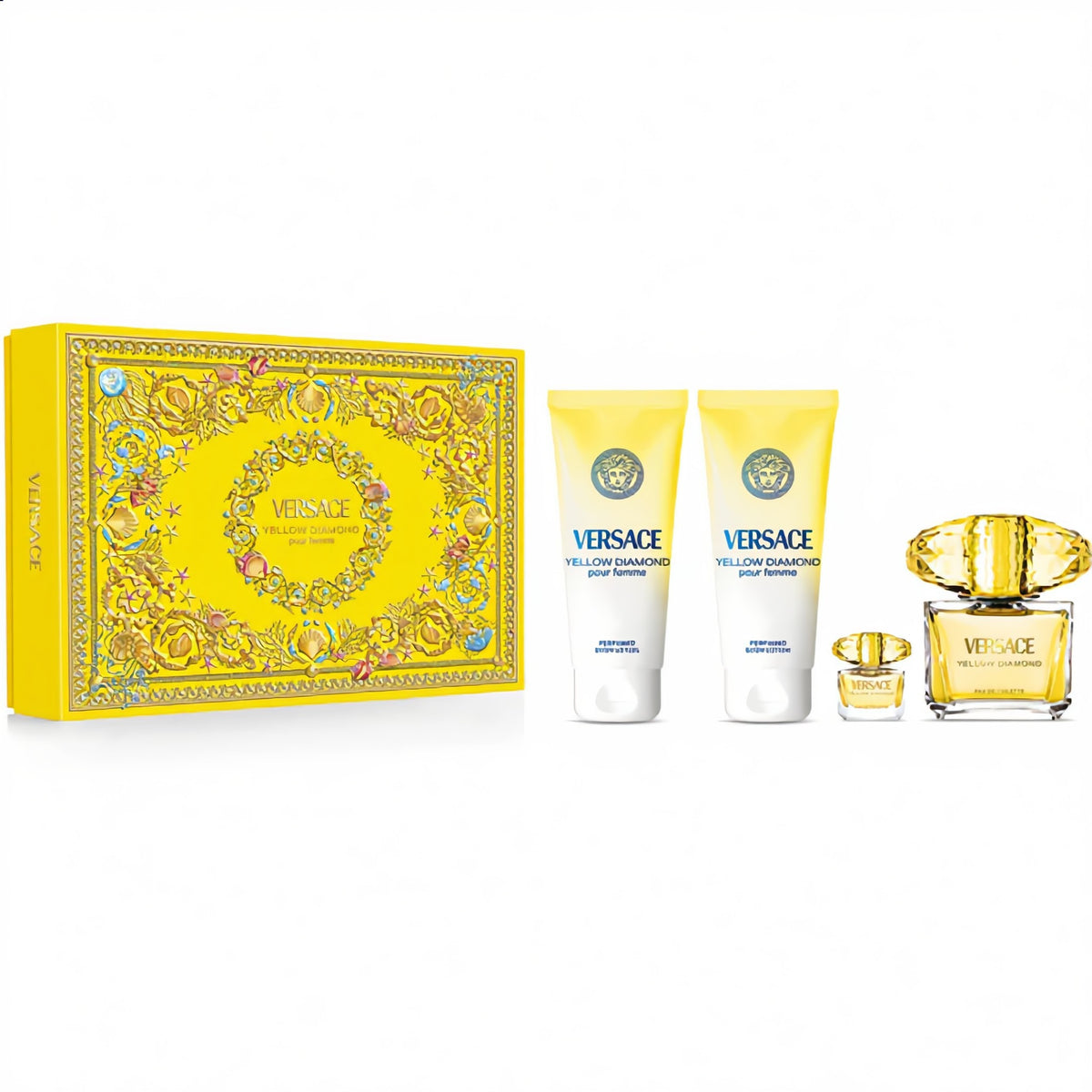 Set Versace Yellow Diamond EDT pour Femme 90 ml + Mini 5 ml + Body Lotion 100 ml + Gel de Ducha 100 ml